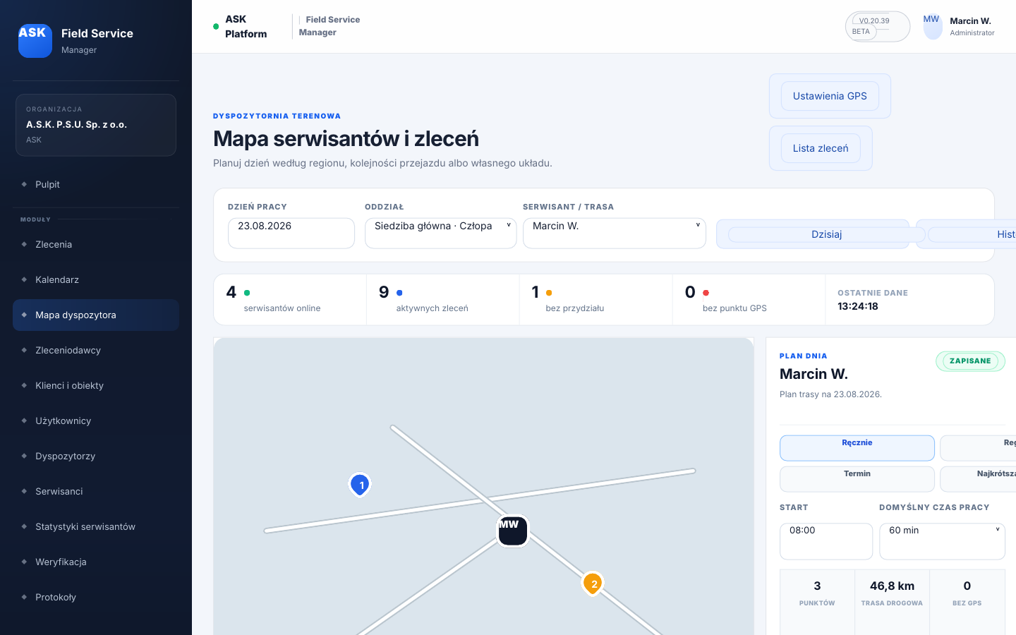 Mapa dyspozytora w Field Service Manager
