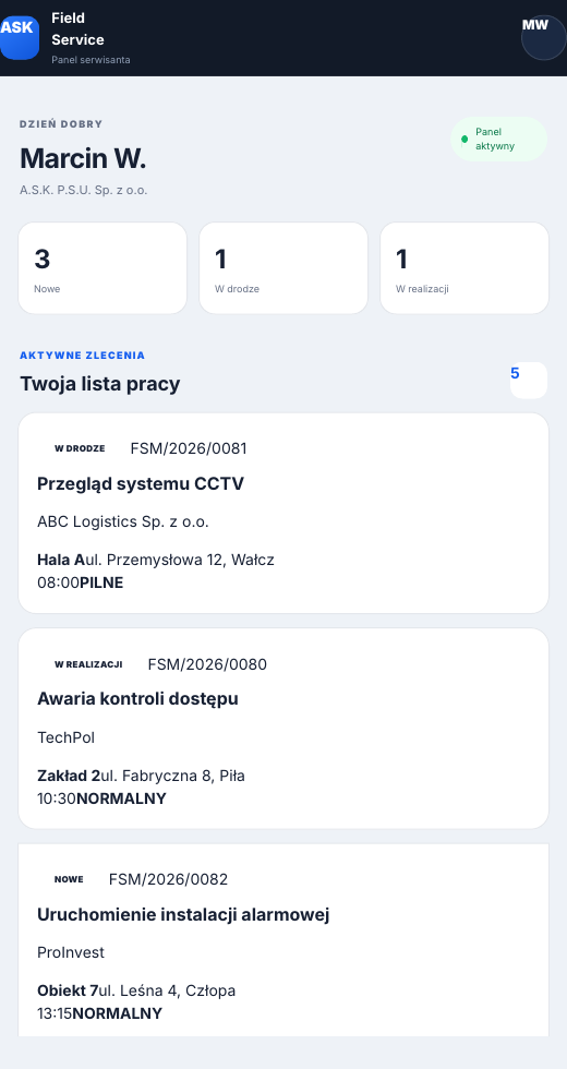 Ekran mobilnego panelu serwisanta